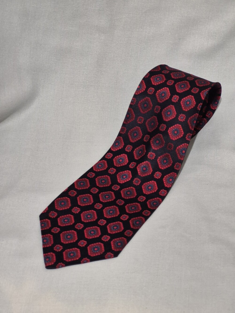 Pierre Cardin Black Silk Tie with Red Geometric Medallions